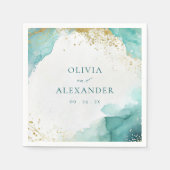 Modern Teal Gold Abstract Beach Wedding スタンダードカクテルナプキン (正面)