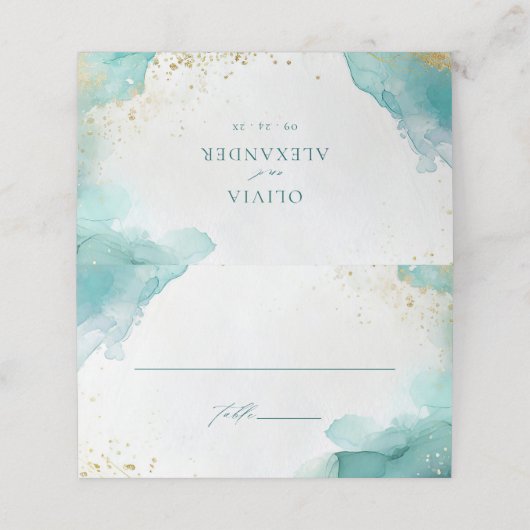 Modern Teal Gold Abstract Beach Wedding プレイスカード (外部開封)