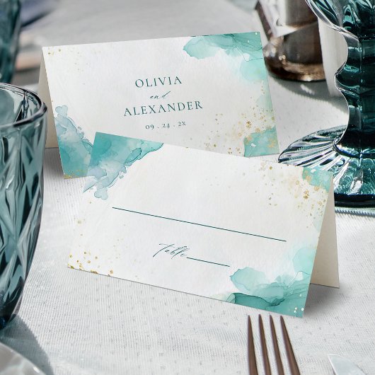 Modern Teal Gold Abstract Beach Wedding プレイスカード