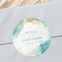 Modern Teal Gold Abstract Beach Wedding  ラウンドシール