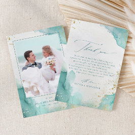 Modern Teal Gold Abstract Beach Wedding Photo サンキューカード
