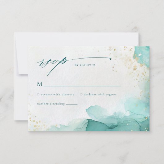 Modern Teal Gold Abstract Beach Wedding QR Code 出欠カード (正面)