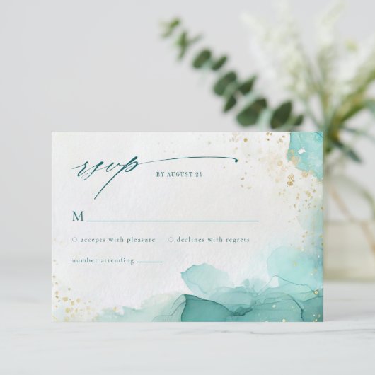 Modern Teal Gold Abstract Beach Wedding QR Code 出欠カード (スタンド正面)