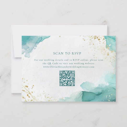 Modern Teal Gold Abstract Beach Wedding QR Code 出欠カード (裏面)