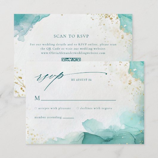 Modern Teal Gold Abstract Beach Wedding QR Code 出欠カード (正面/裏面)