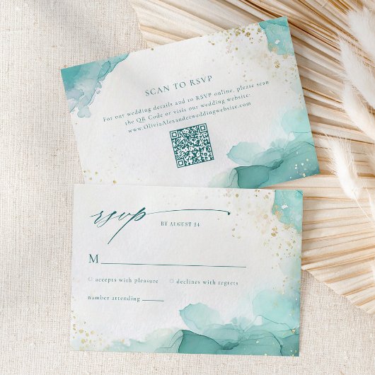 Modern Teal Gold Abstract Beach Wedding QR Code 出欠カード
