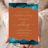 Modern Teal Gold Agate Script Burnt Orange Wedding 招待状