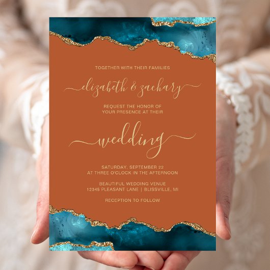 Modern Teal Gold Agate Script Burnt Orange Wedding 招待状