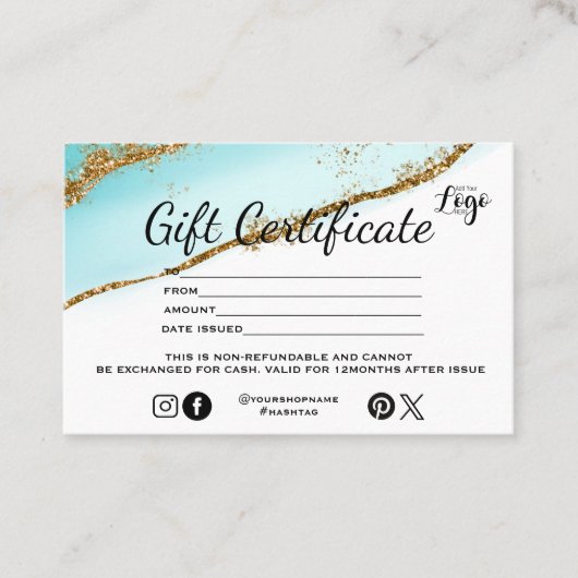 Modern teal Gold glitter Gift certificate salon 名刺 (正面)