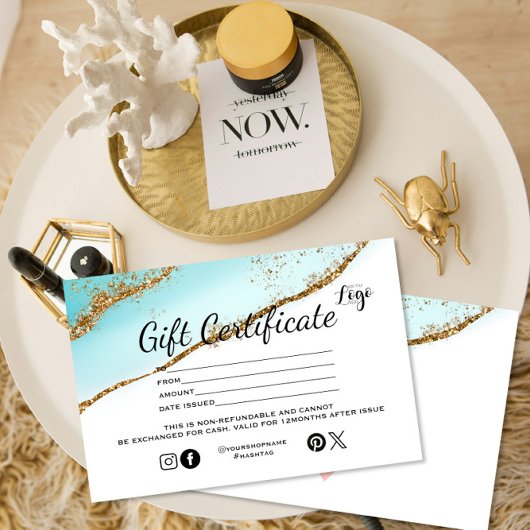 Modern teal Gold glitter Gift certificate salon 名刺