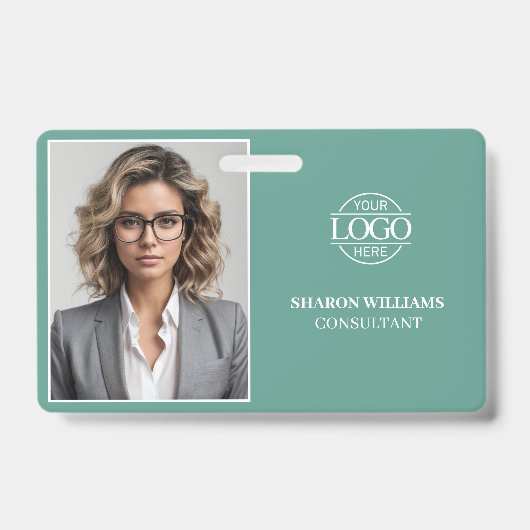 Modern Teal Green Minimal Company Employee Photo バッジ (正面)