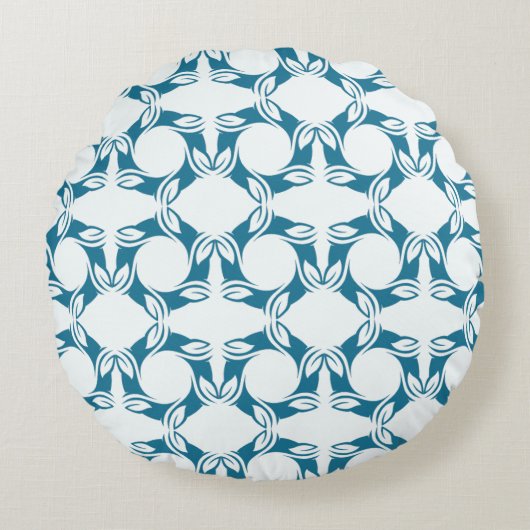 Modern Teal Leaves Pattern Design Round Pillow ラウンドクッション (正面)