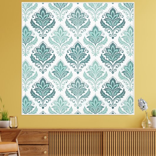 Modern Teal Nordic Damask キャンバスプリント (インサイチュ (リビング))
