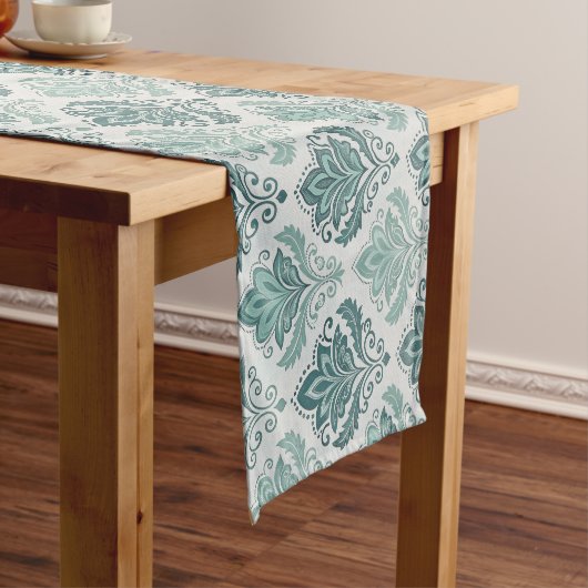 Modern Teal Nordic Damask ショートテーブルランナー (インサイチュ)