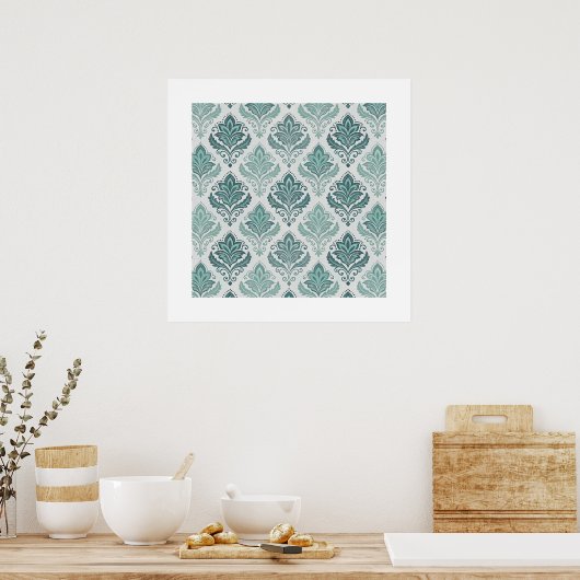 Modern Teal Nordic Damask ポスター (キッチン)