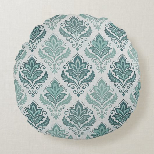Modern Teal Nordic Damask ラウンドクッション (正面)