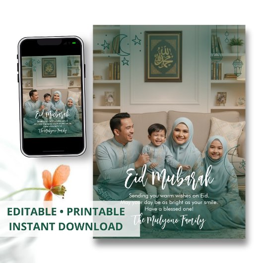 Modern Teal Overlay Family Photo Eid Mubarak Card シーズンカード