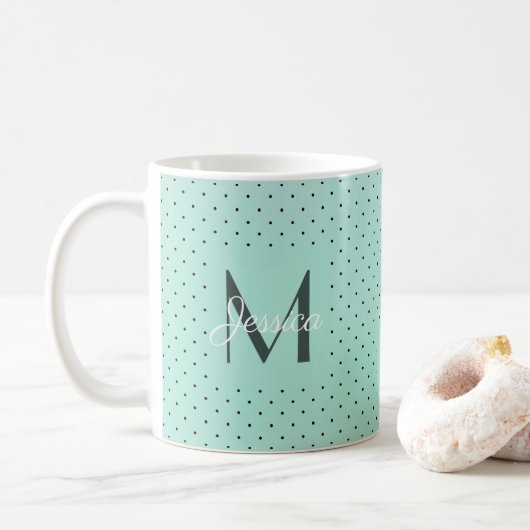 Modern Teal Polka Dot and Monogram コーヒーマグカップ (ドーナツ)