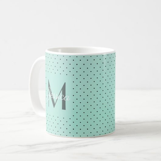 Modern Teal Polka Dot and Monogram コーヒーマグカップ (正面左)