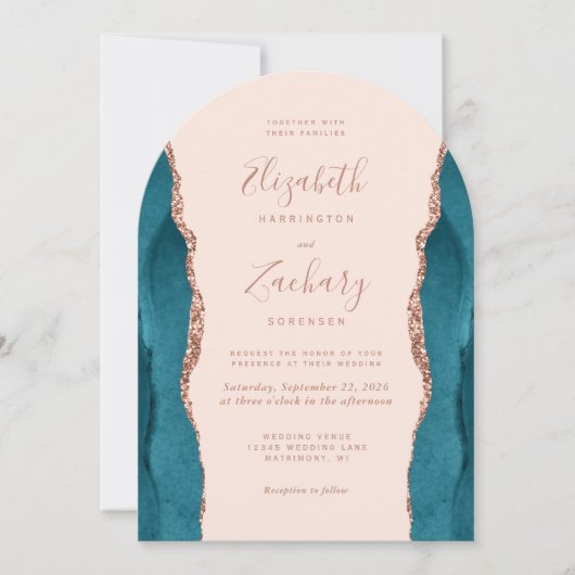 Modern Teal Rose Gold Agate Blush Arch Wedding 招待状 (正面)