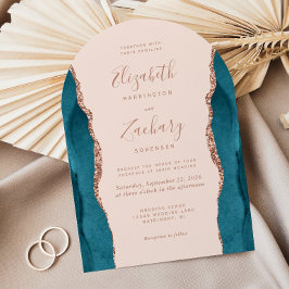 Modern Teal Rose Gold Agate Blush Arch Wedding 招待状