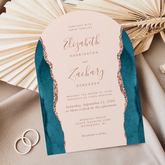Modern Teal Rose Gold Agate Blush Arch Wedding 招待状