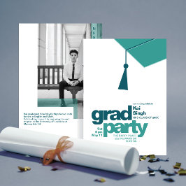 Modern Teal Typography & Tassel Grad Party Photo 招待状