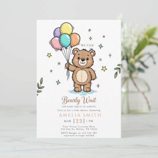 Modern Teddy bear Friendly baby shower 招待状 (スタンド正面)