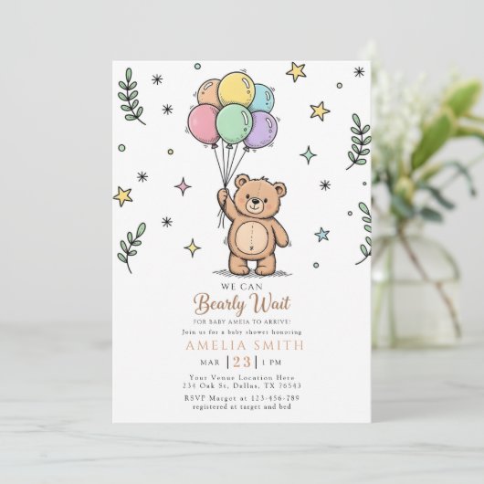 Modern Teddy bear Friendly baby shower 招待状 (スタンド正面)