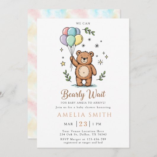 Modern Teddy bear Friendly baby shower 招待状 (正面/裏面)