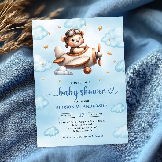 Modern Teddy Bear Pilot Blue Brown Boy Shower 招待状