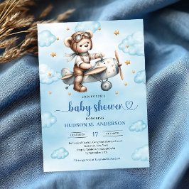 Modern Teddy Bear Pilot Blue Brown Boy Shower   招待状