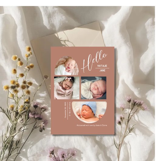 Modern Terracotta 4 Baby Photo Collage Birth  案内状