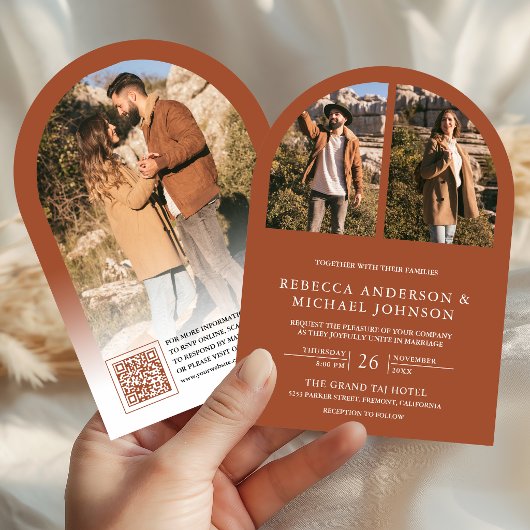 Modern Terracotta Arch Photo QR Code Wedding 招待状