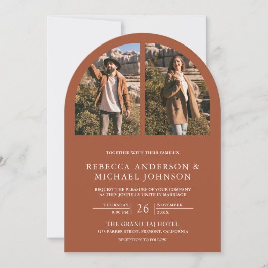 Modern Terracotta Arch Photo QR Code Wedding 招待状 (正面)