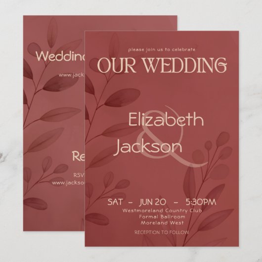 Modern Terracotta Botanical Typography Wedding 招待状 (正面/裏面)