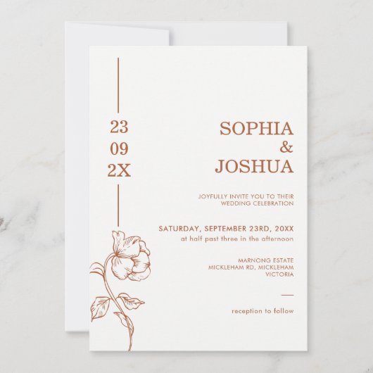 Modern Terracotta Date Line Art Floral Wedding 招待状 (正面)