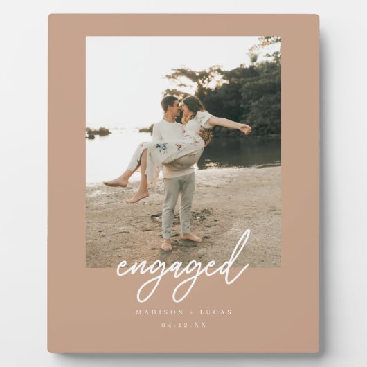 Modern Terracotta Script "Engaged" Couple Photo フォトプラーク (正面)