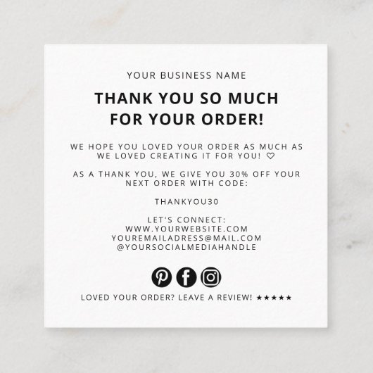 Modern thank you for your order simple logo スクエア名刺 (裏面)