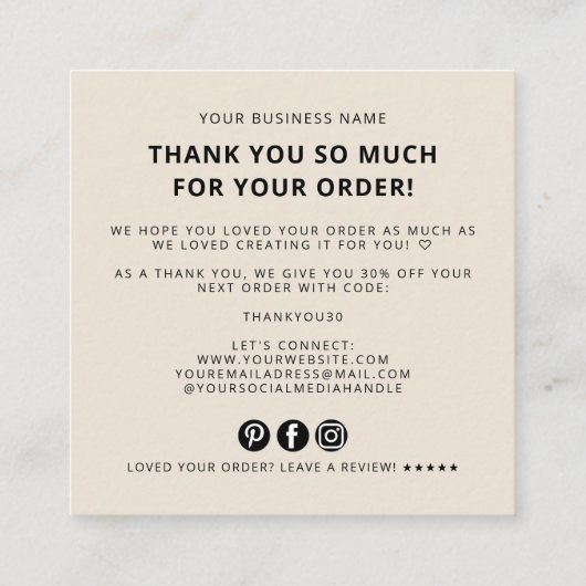 Modern thank you for your order simple logo スクエア名刺 (裏面)