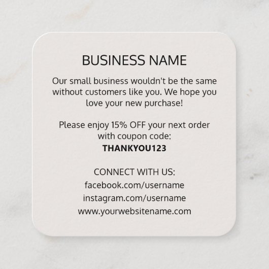 Modern Thank You Logo Small Business Off-White スクエア名刺 (裏面)