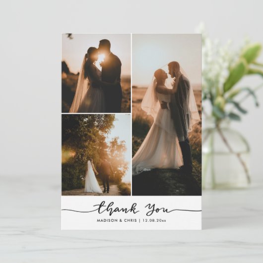 Modern Thank You Script Wedding Photo Collage サンキューカード (スタンド正面)