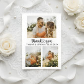 Modern Three Photo Collage Heart Script Wedding  サンキューカード