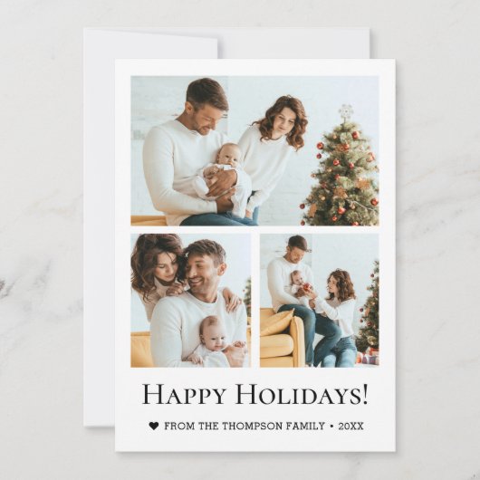 Modern Three Photo Family Christmas happy holidays シーズンカード (正面)