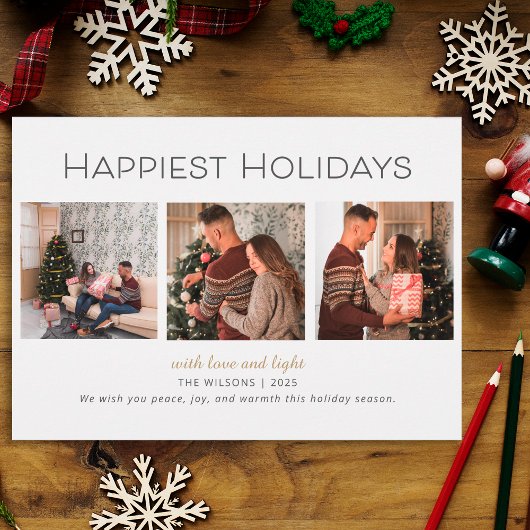 Modern Three Photo Happiest Holidays Family Card シーズンカード