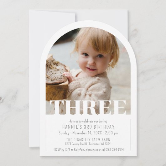 Modern THREE Photo Simple Arch 3rd Birthday Party 招待状 (正面)