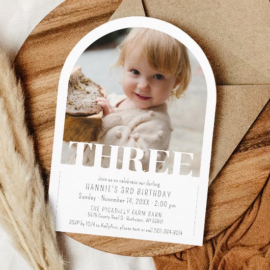 Modern THREE Photo Simple Arch 3rd Birthday Party 招待状