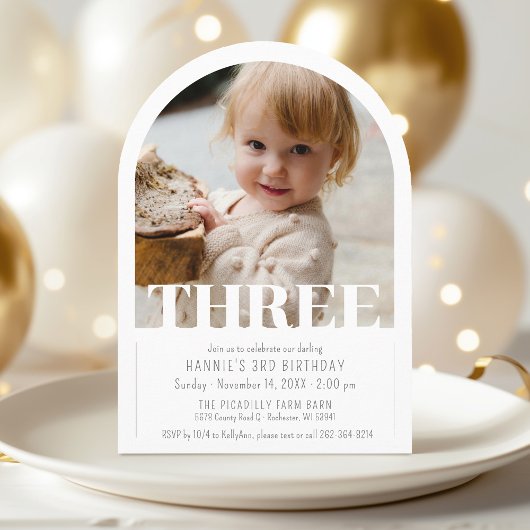 Modern THREE Photo Simple Arch 3rd Birthday Party 招待状