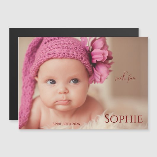 Modern Timeless Photo Magnetic Baby Announcement (正面/裏面)