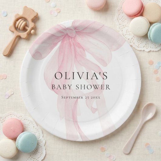 Modern Tinted Pink Bow Baby Shower ペーパープレート